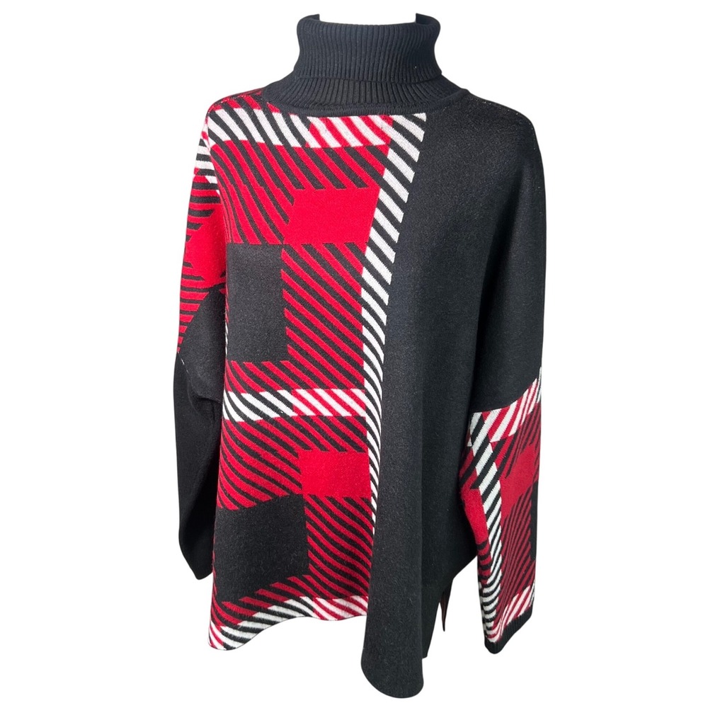 JOSEPH A. Women's Plaid Turtleneck Poncho Sweater Black Red White‎ L - Picture 10 of 10